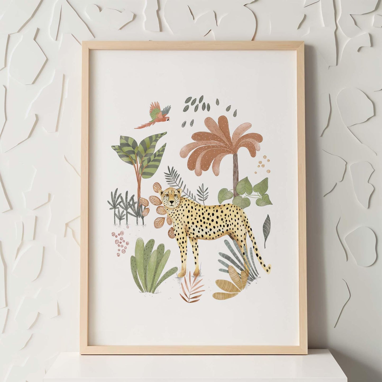 Safari cheetah wall art print with tropical jungle plants