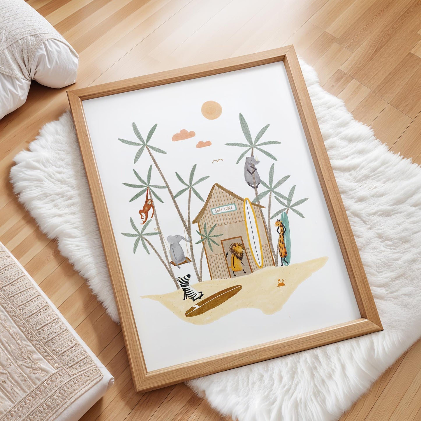 Boho Nursery Wall Art - Whimsical Surf Shack Print with Safari Animals & Palm Trees