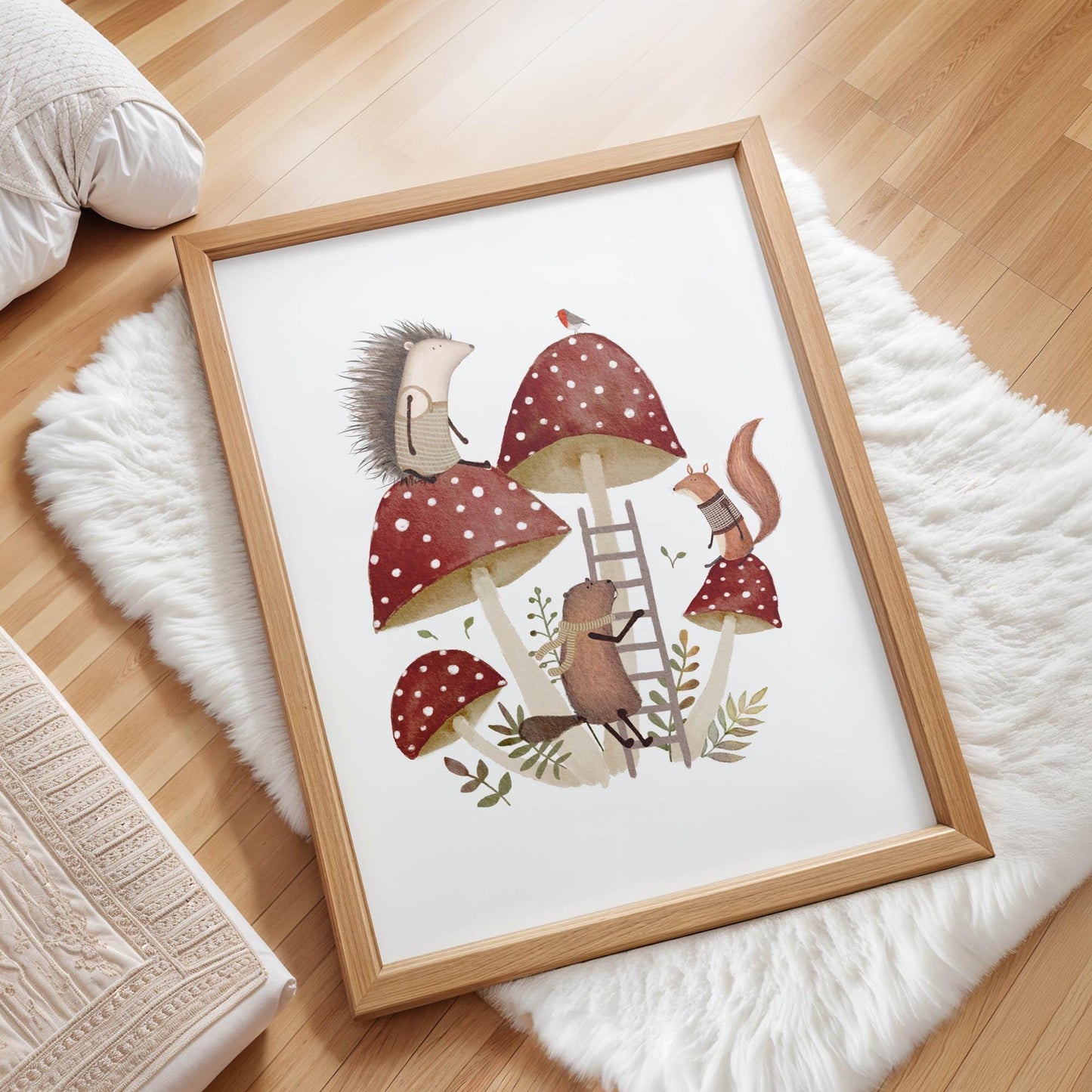 Woodland Nursery Decor - Whimsical Forest Animal Print With Red Toadstool Illustration