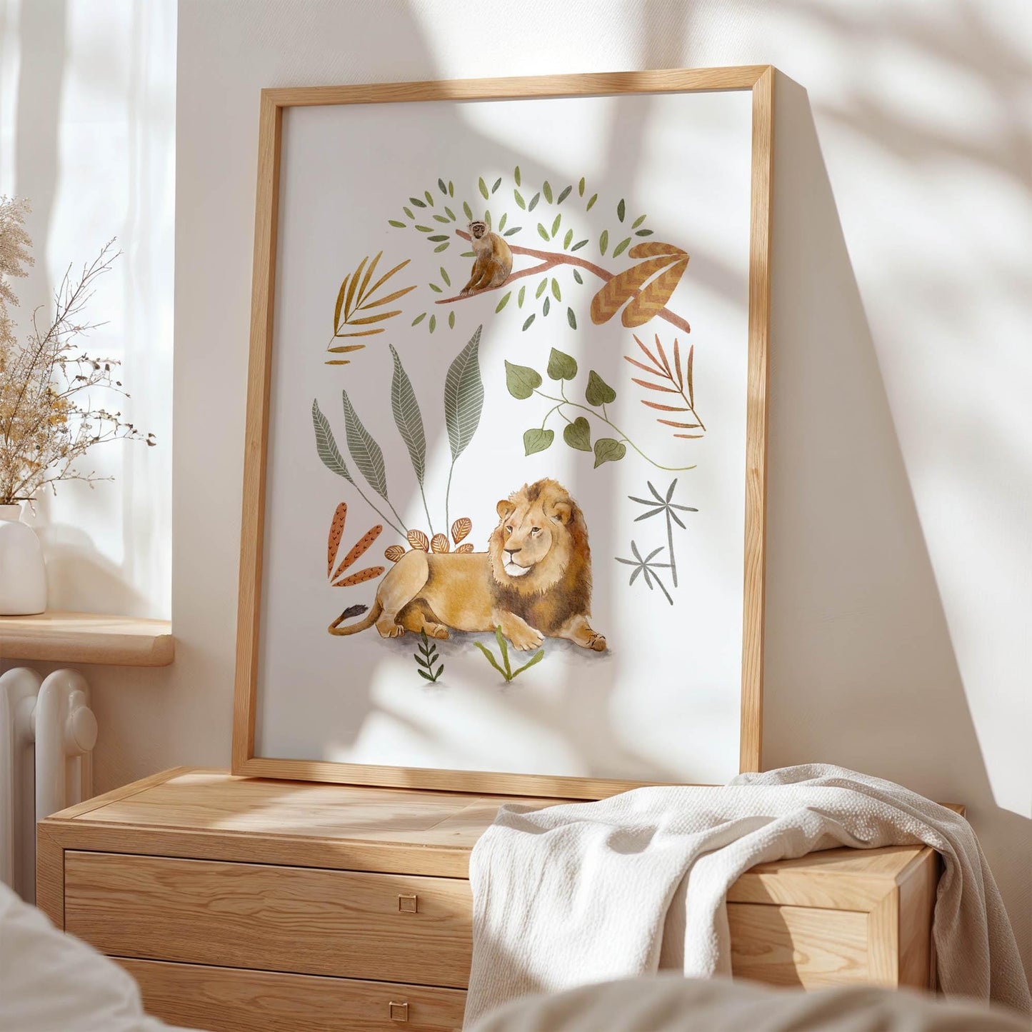Lion Wall Art - Safari Nursery Decor | Boho Jungle Print & Botanical Animal Illustration