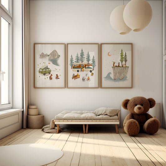 Three framed watercolor art prints featuring woodland animals camping with camper vans, campfires, and fishing scenes
