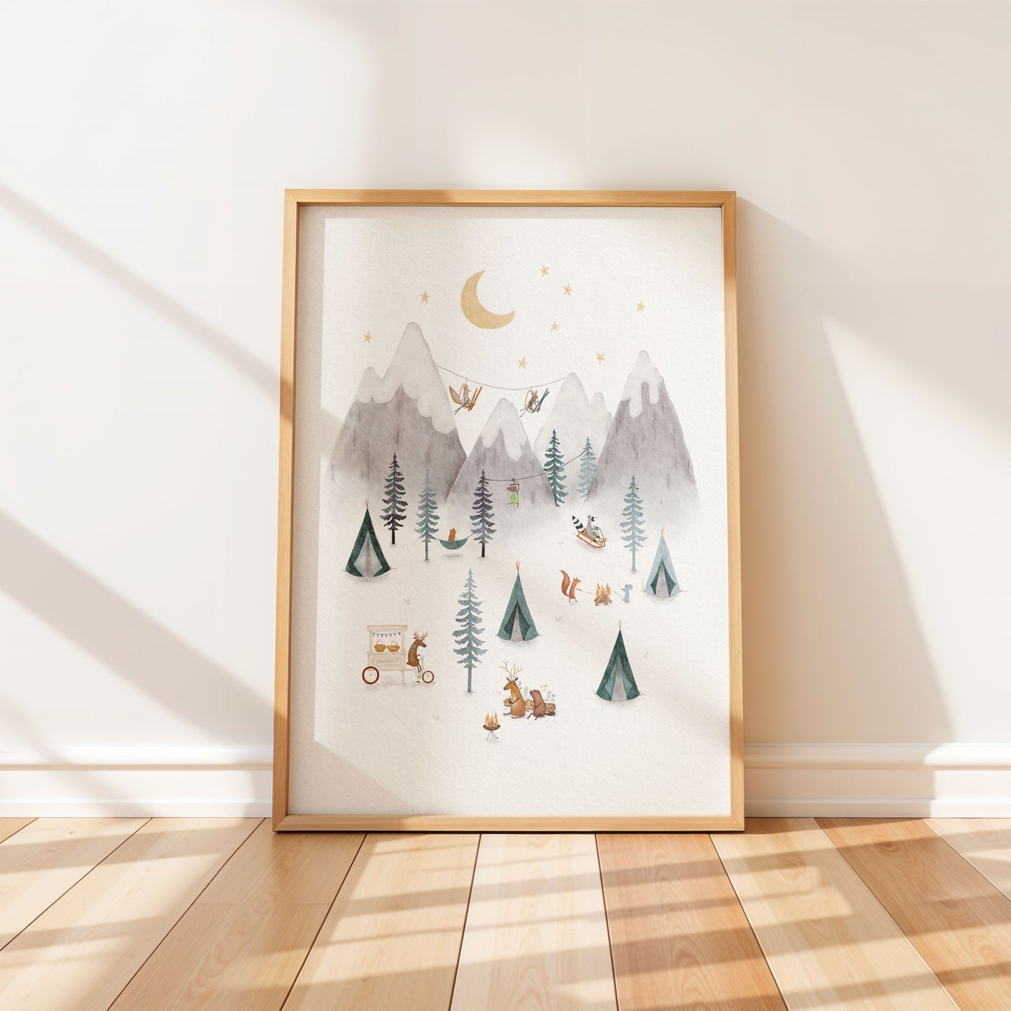 Whimsical watercolor illustration of woodland animals camping in a mountain forest under a crescent moon