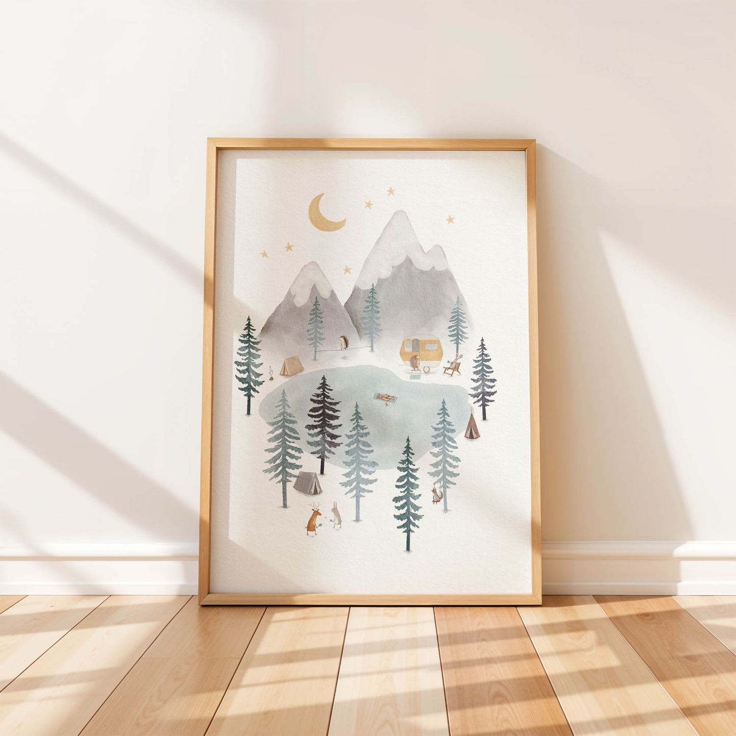 Watercolor illustration of woodland animals camping in a mountain forest with tents and a camper van under a crescent moon