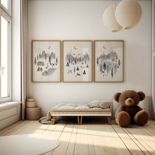 3-piece mountain nursery wall art set with whimsical woodland animals and camping scenes in soft, neutral tones