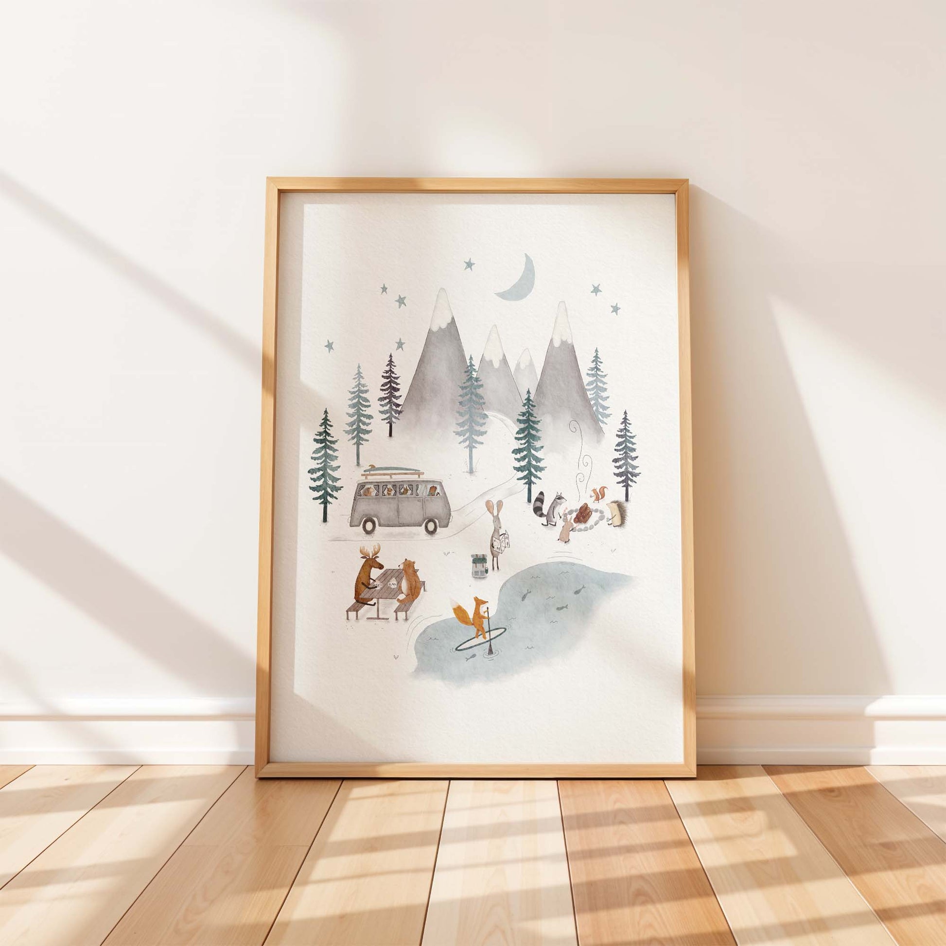 Whimsical woodland animals art print featuring a fox paddleboarding, a bear and moose playing chess, a raccoon roasting marshmallows, and a rabbit with a map, all set in a snowy mountain forest with a van and pine trees under a starry sky.
