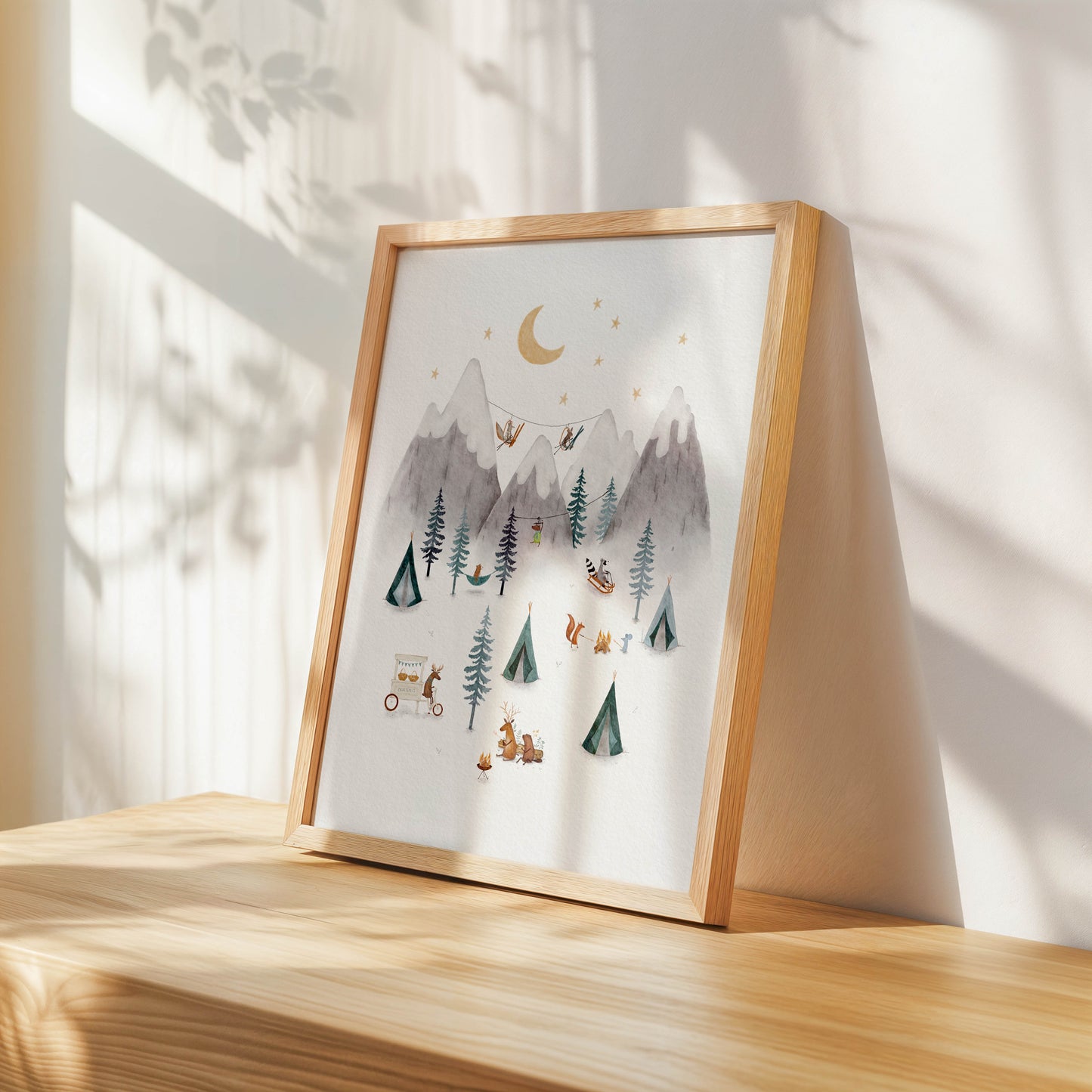 Whimsical Woodland Mountain Camping Art Print – Nursery or Kids Room Decor
