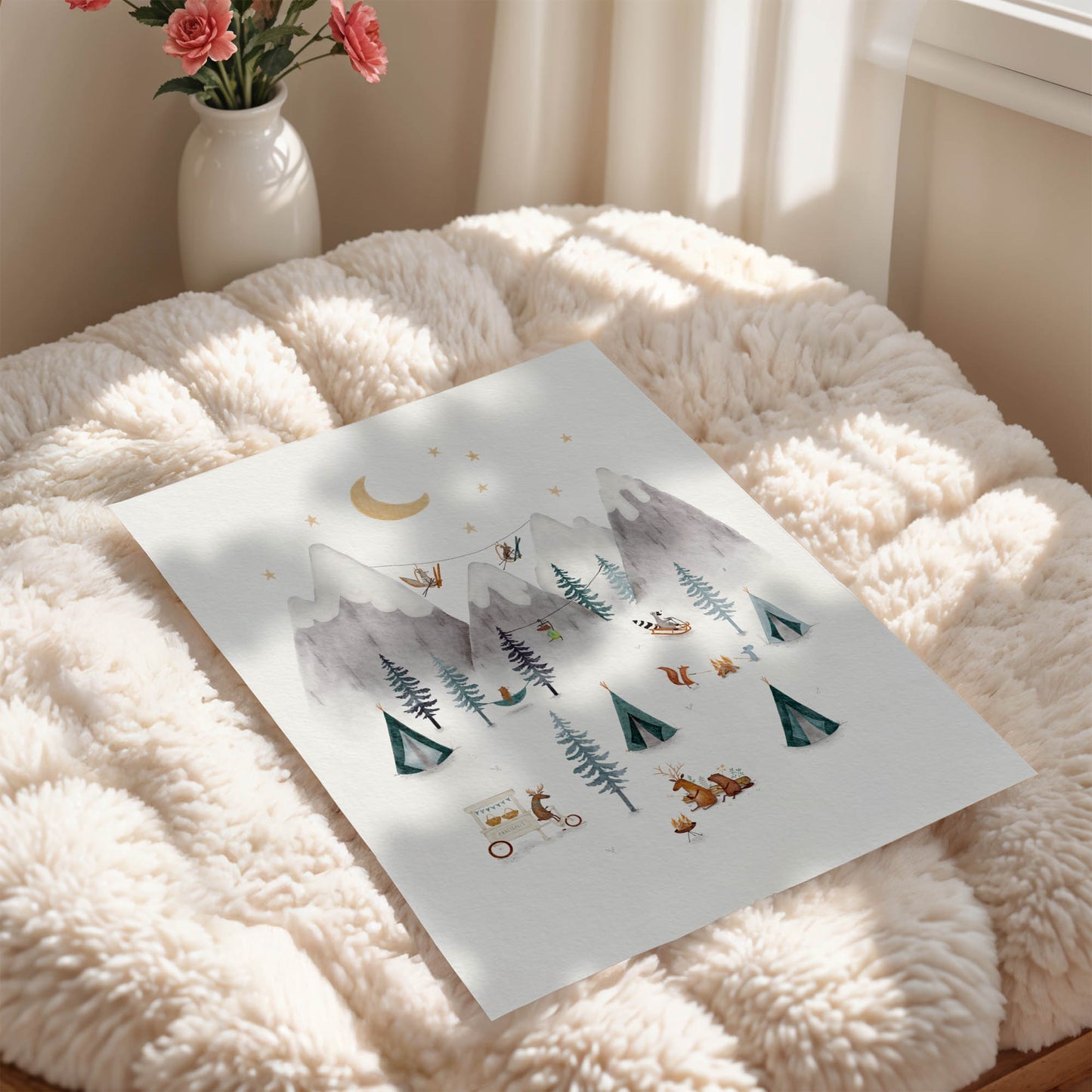 Whimsical Woodland Mountain Camping Art Print – Nursery or Kids Room Decor