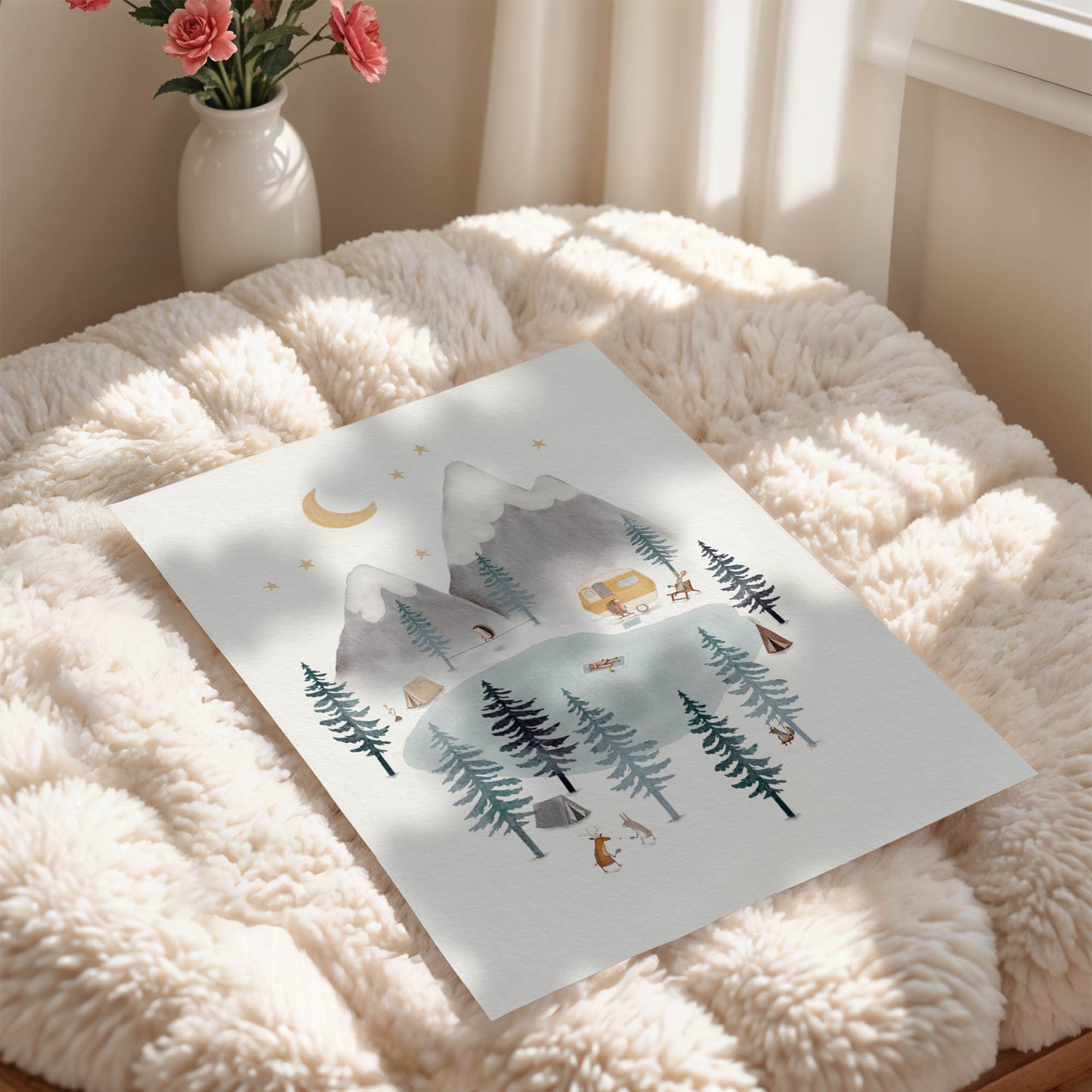 Whimsical Mountain Forest Camping Art Print