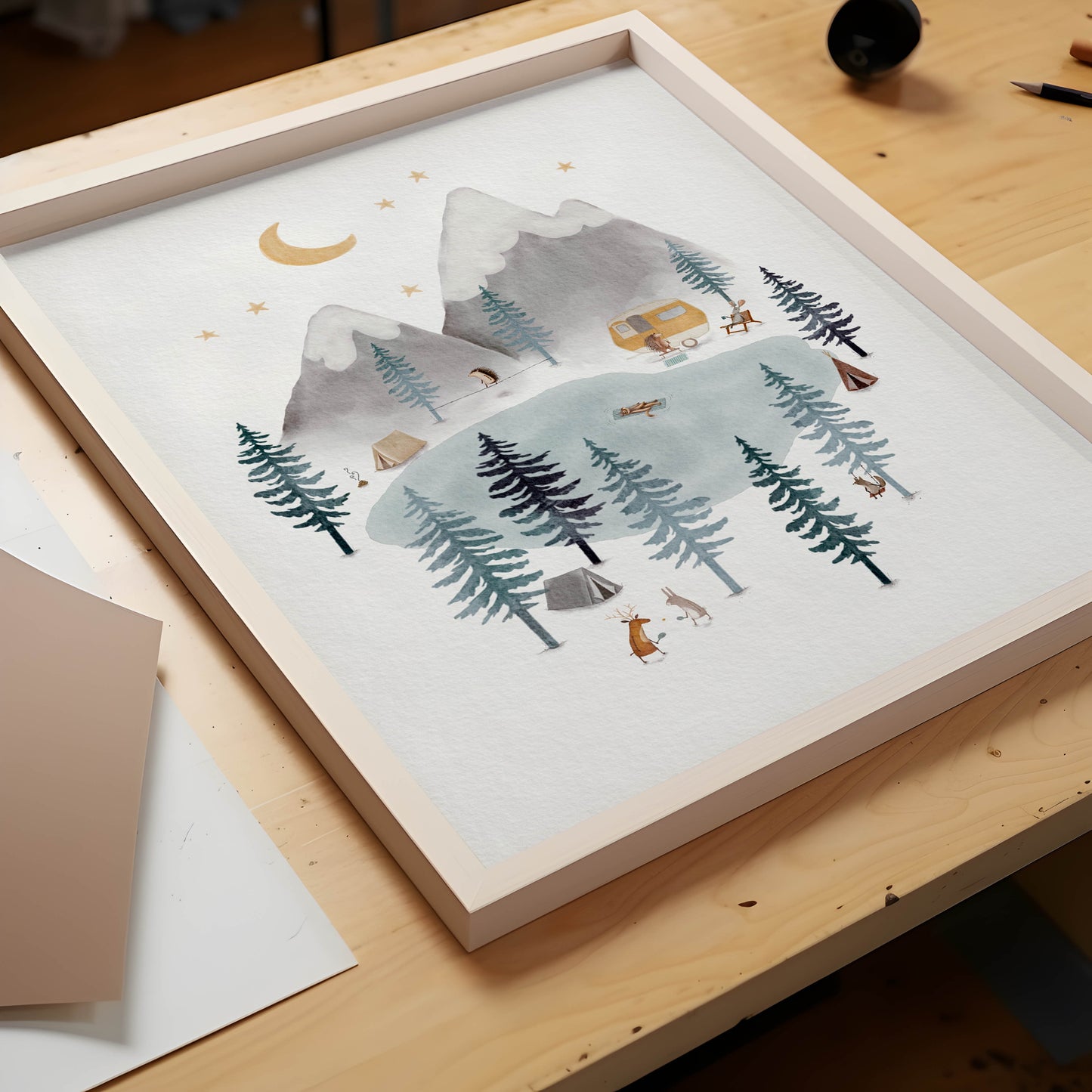 Whimsical Mountain Forest Camping Art Print