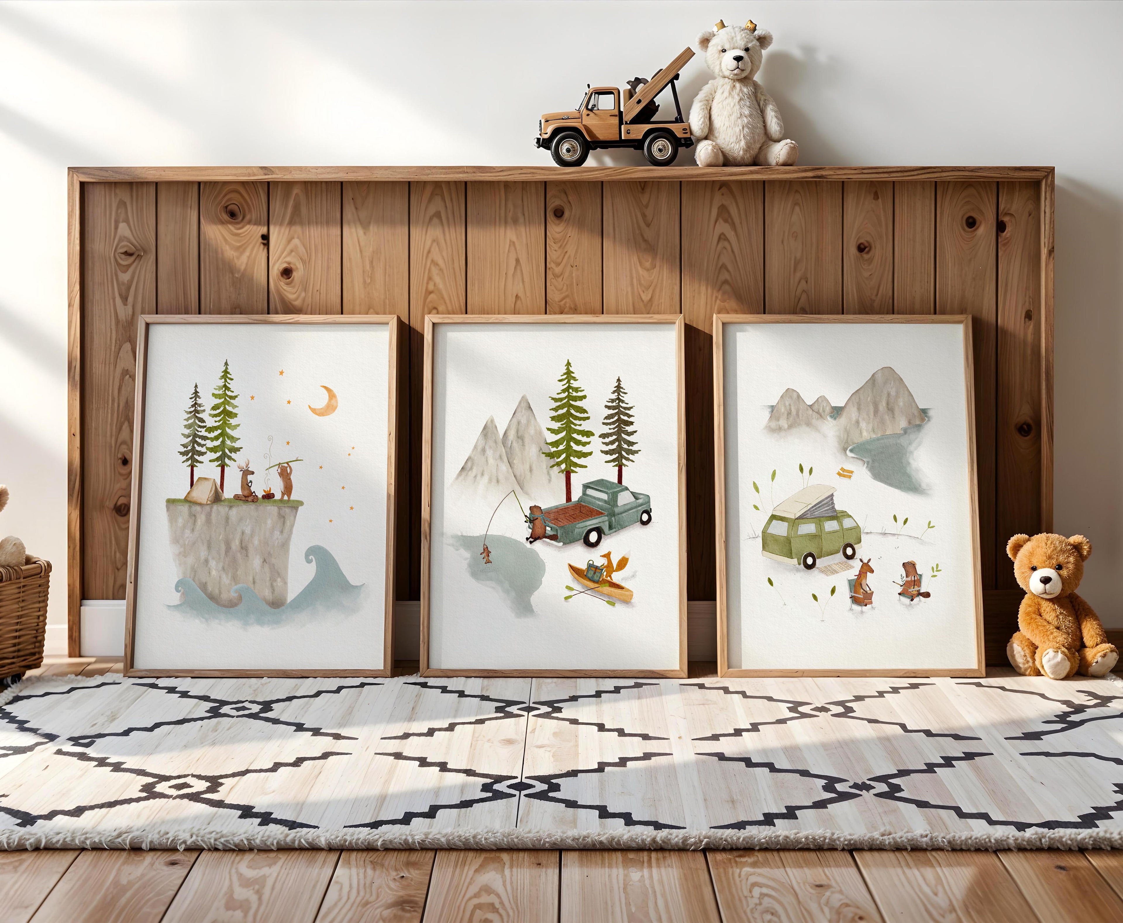 set of three north west pacific style adventure prints for children's room.