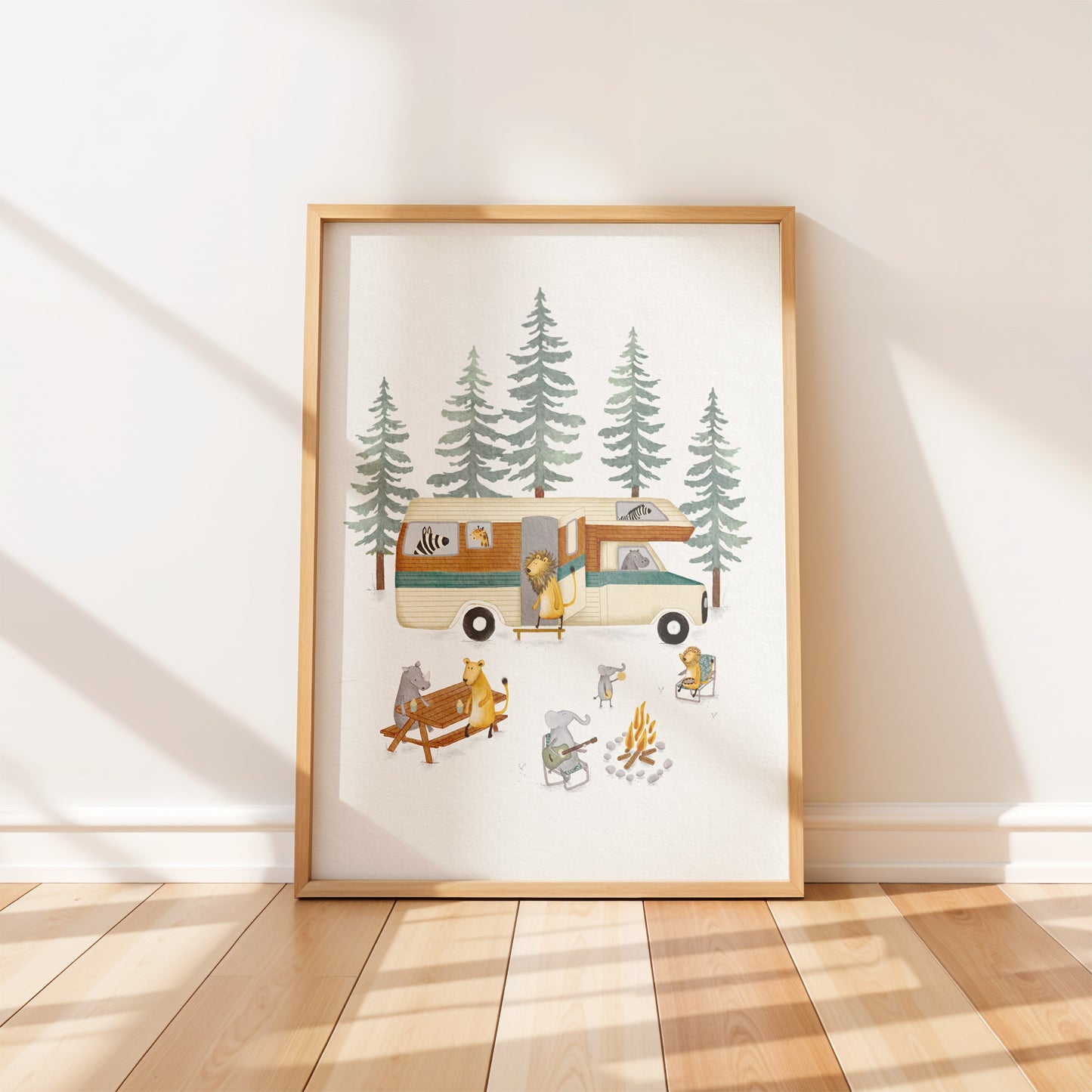 Whimsical illustration of woodland animals camping around a retro motorhome in a forest setting