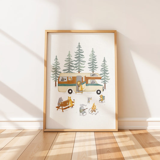 Whimsical illustration of woodland animals camping around a retro motorhome in a forest setting