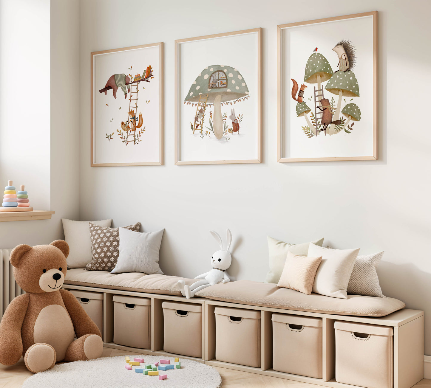 Whimsical Woodland Animal Art Set, 3 Prints, Sage Green Nursery & Kids Room Decor