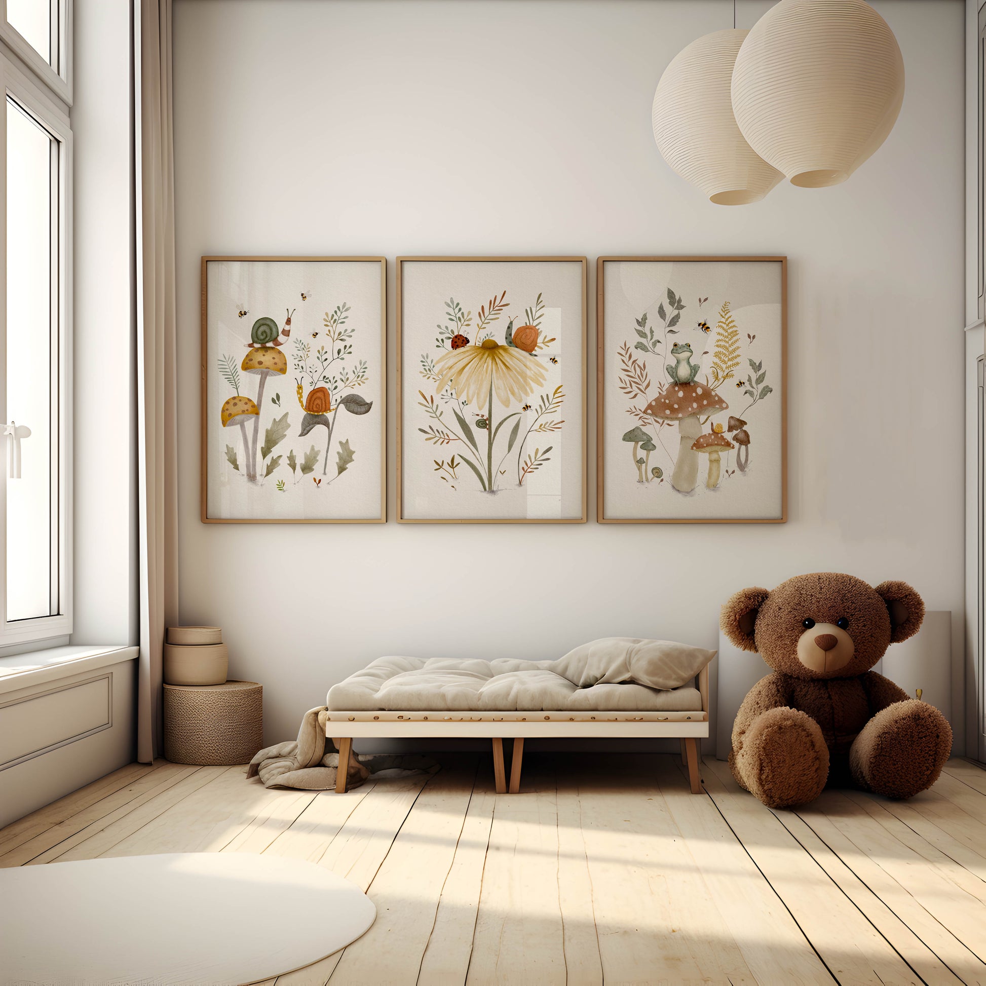 Set of three framed art prints with detailed illustrations of insects, mushrooms, flowers, and a frog, displayed above a daybed in a bright, modern room