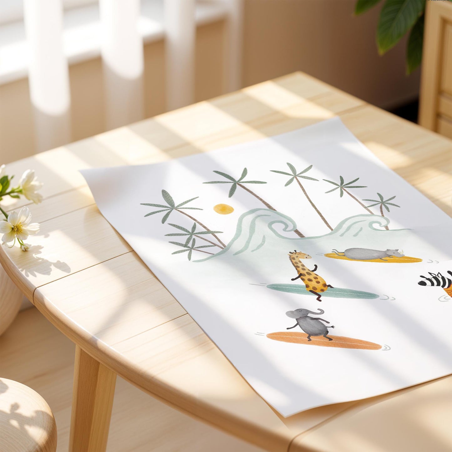 Surf School Art Print – Boho Nursery Decor | Tropical Safari Kids Room Wall Art
