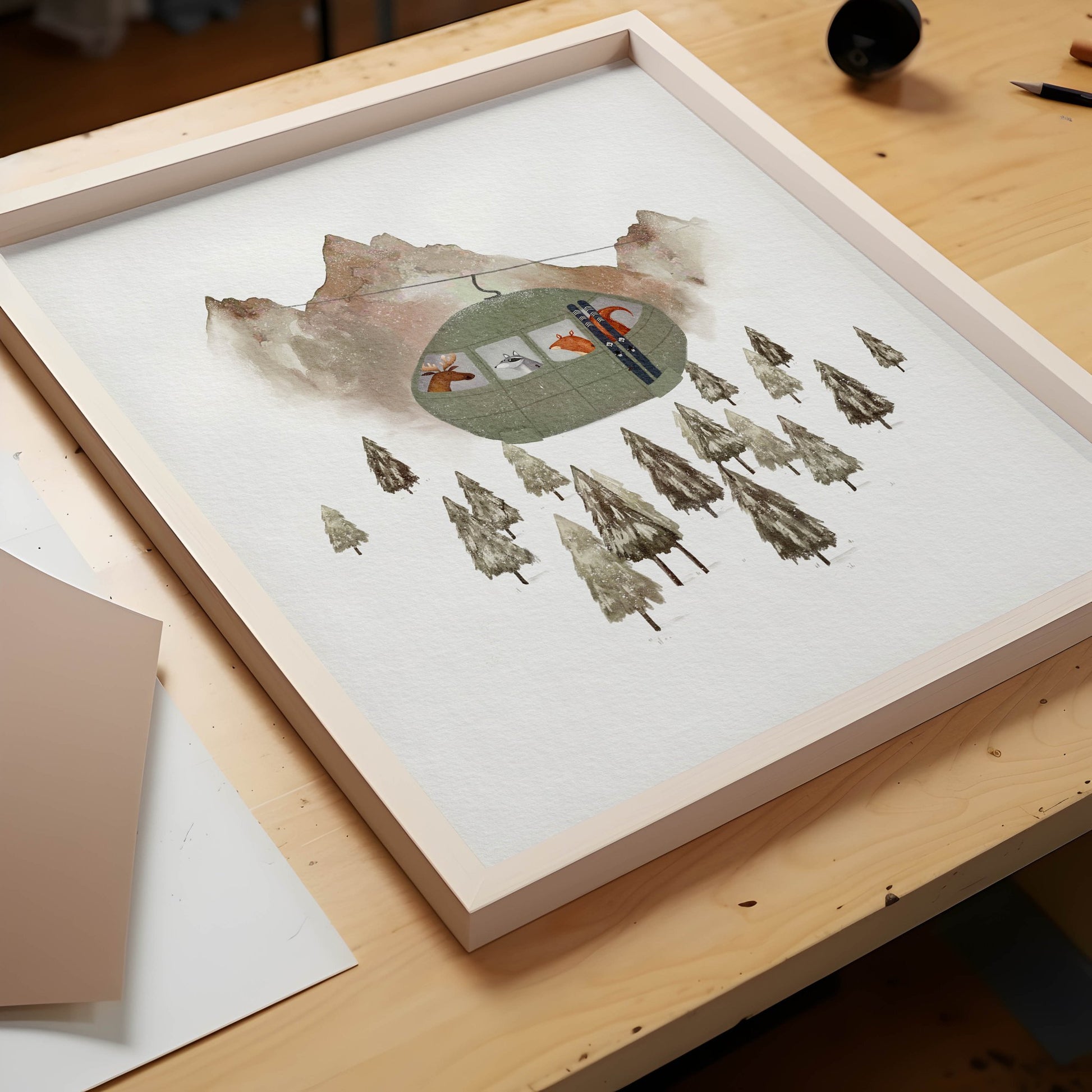 Animal Adventure Ski Lift Art Print For Children - Prints - Urchin Bay