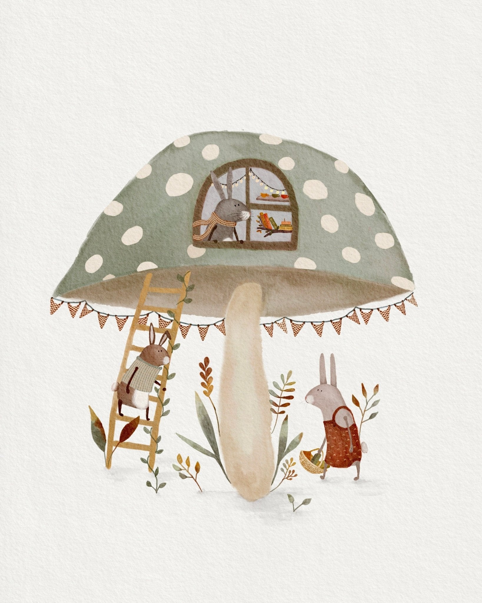 Baby Girl Nursery Wall Art Set - Rabbit Mushroom Print - Prints - Urchin Bay