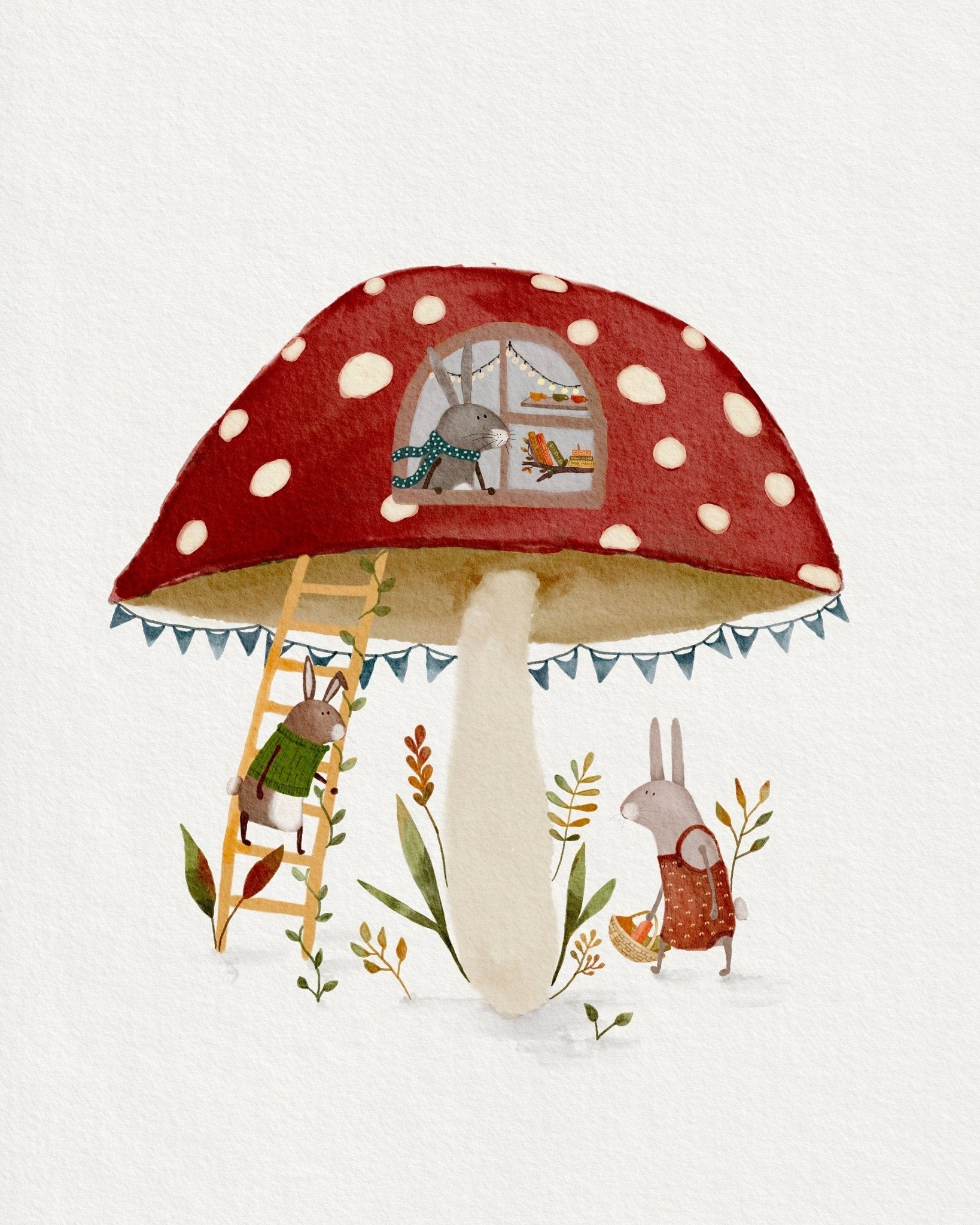 Baby Girl Nursery Wall Art Set - Rabbit Mushroom Print - Prints - Urchin Bay