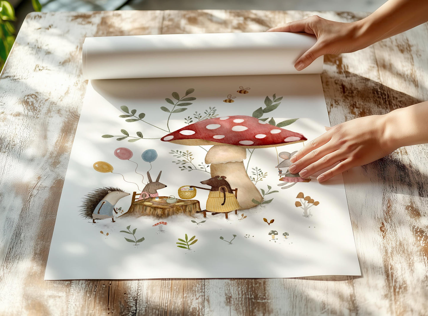 Cottagecore animal tea party wall print for nursery — delicate woodland scene with bees, balloons, and gentle garden aesthetic