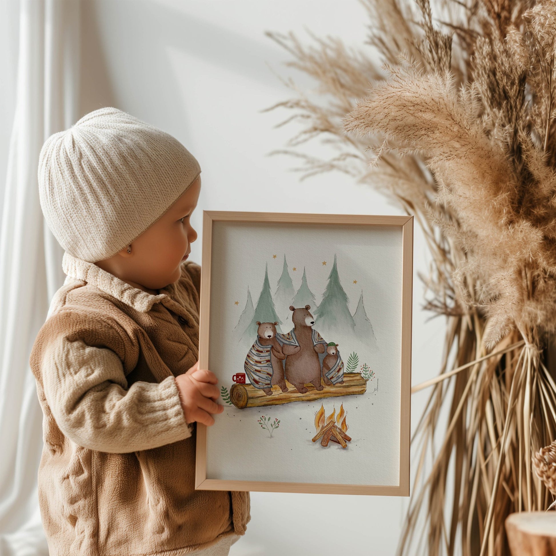 Bear Campfire Adventure Art Print, Camping Room Decor - Prints - Urchin Bay