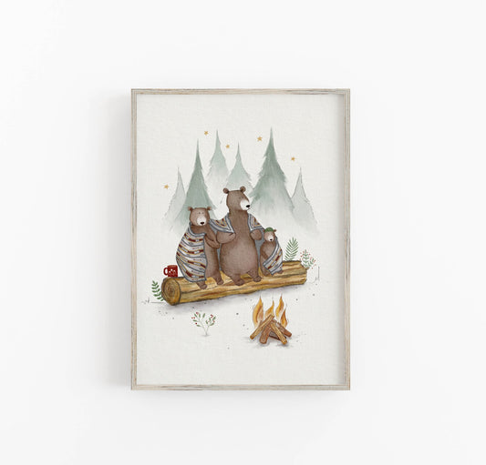 Bear Campfire Adventure Art Print, Camping Room Decor - Prints - Urchin Bay