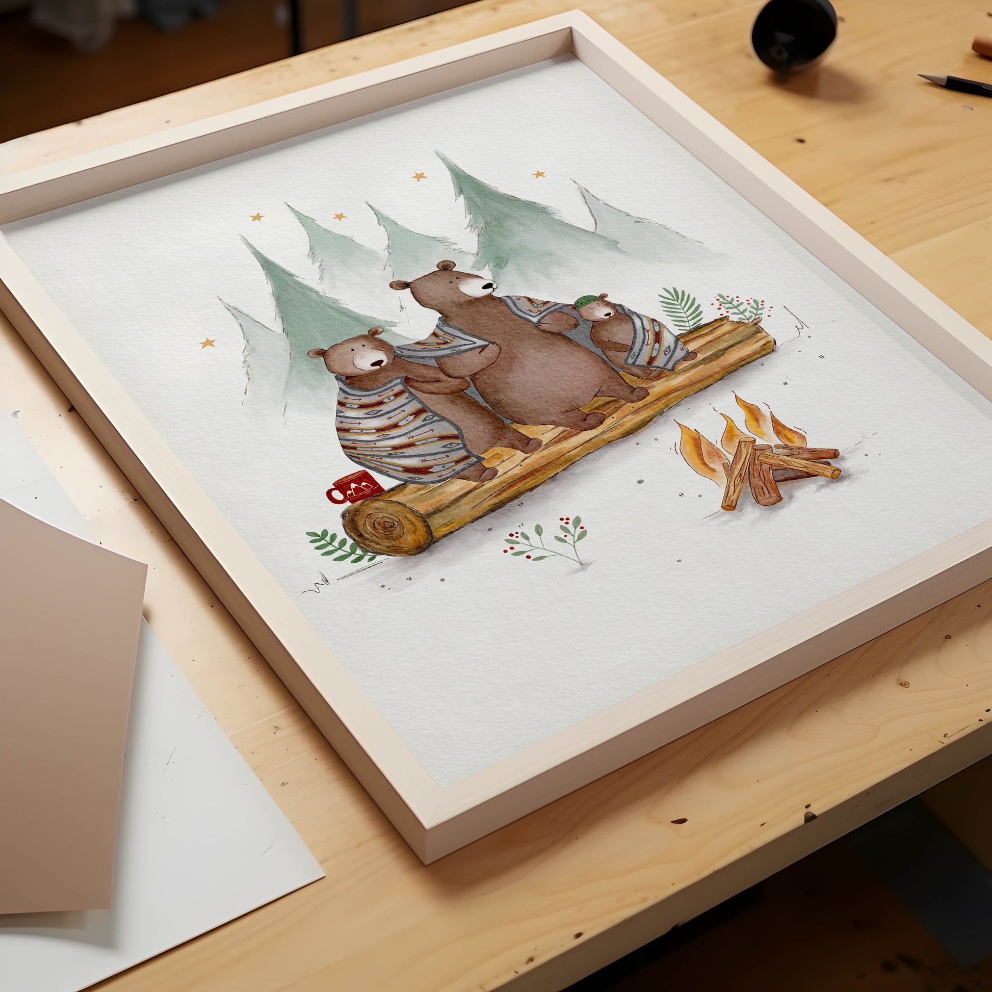 Bear Campfire Adventure Art Print, Camping Room Decor - Prints - Urchin Bay