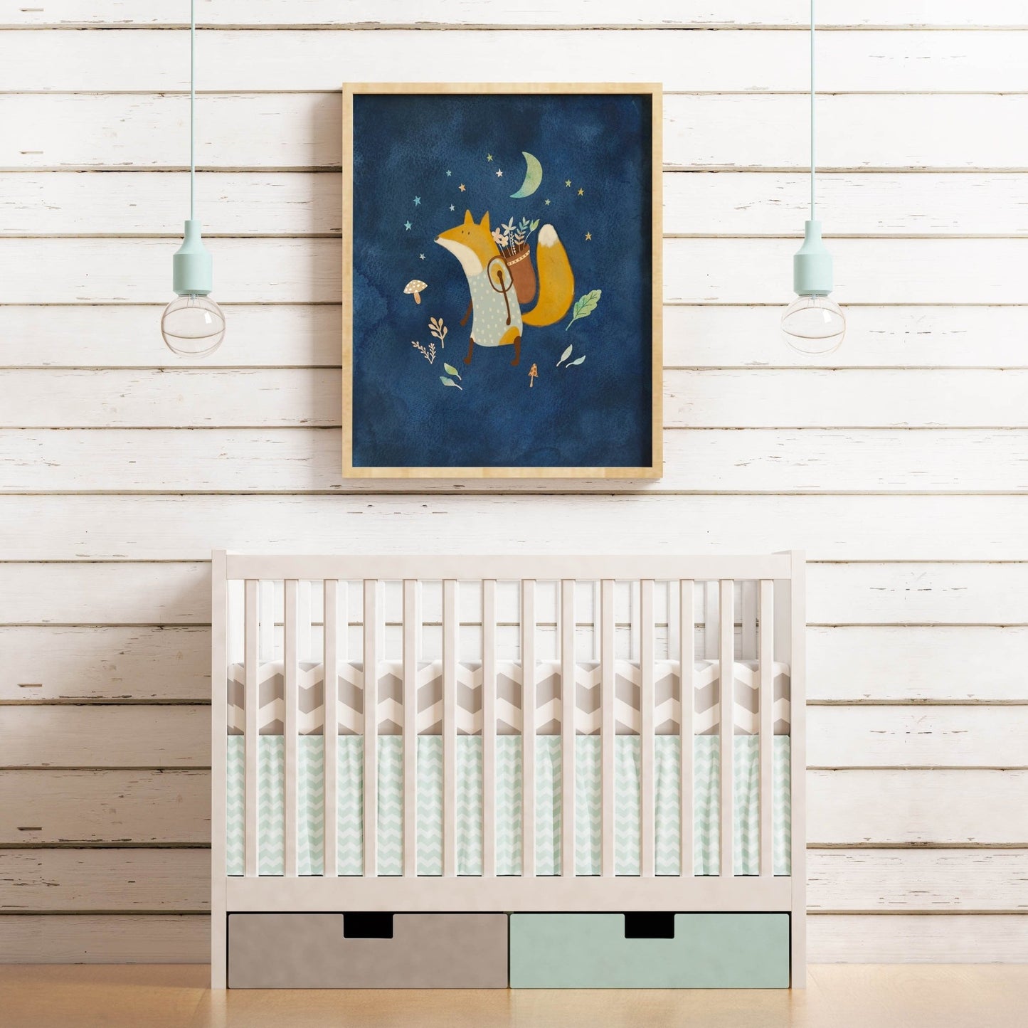 Botanical Fox Nursery Art Print - Night Sky with Moon and Stars - Prints - Urchin Bay