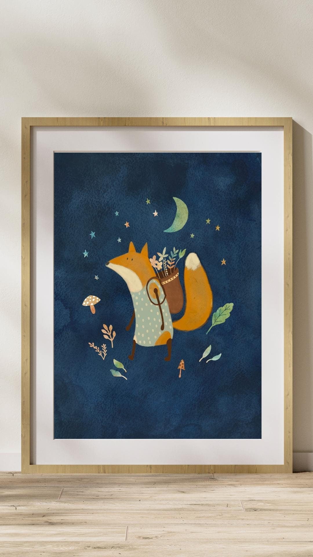 Botanical Fox Nursery Art Print - Night Sky with Moon and Stars - Prints - Urchin Bay