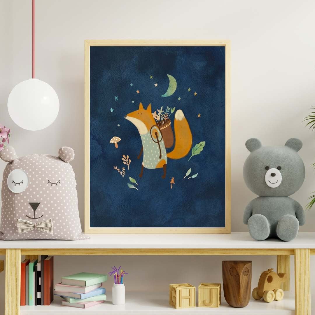 Botanical Fox Nursery Art Print - Night Sky with Moon and Stars - Prints - Urchin Bay