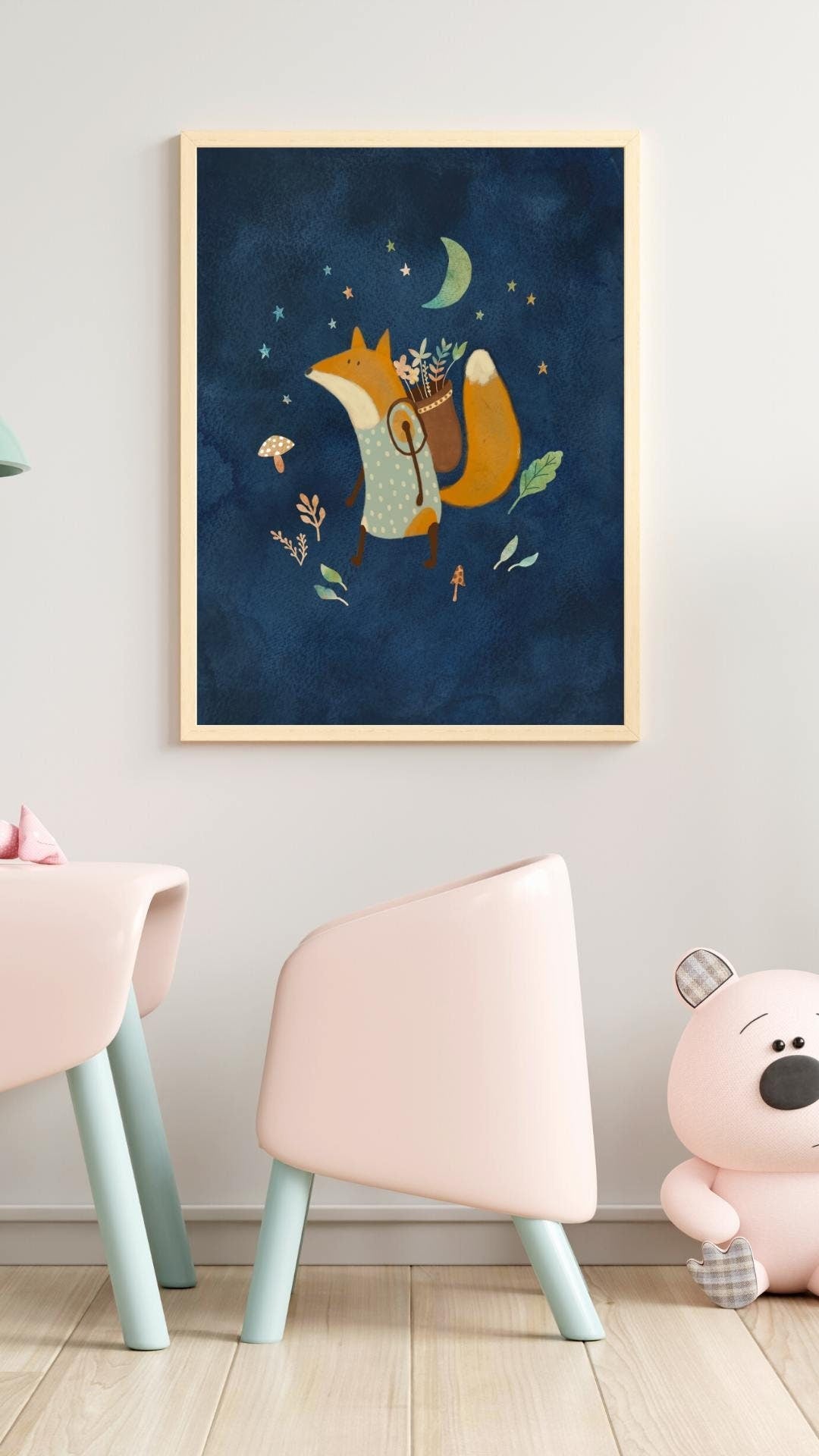 Botanical Fox Nursery Art Print - Night Sky with Moon and Stars - Prints - Urchin Bay