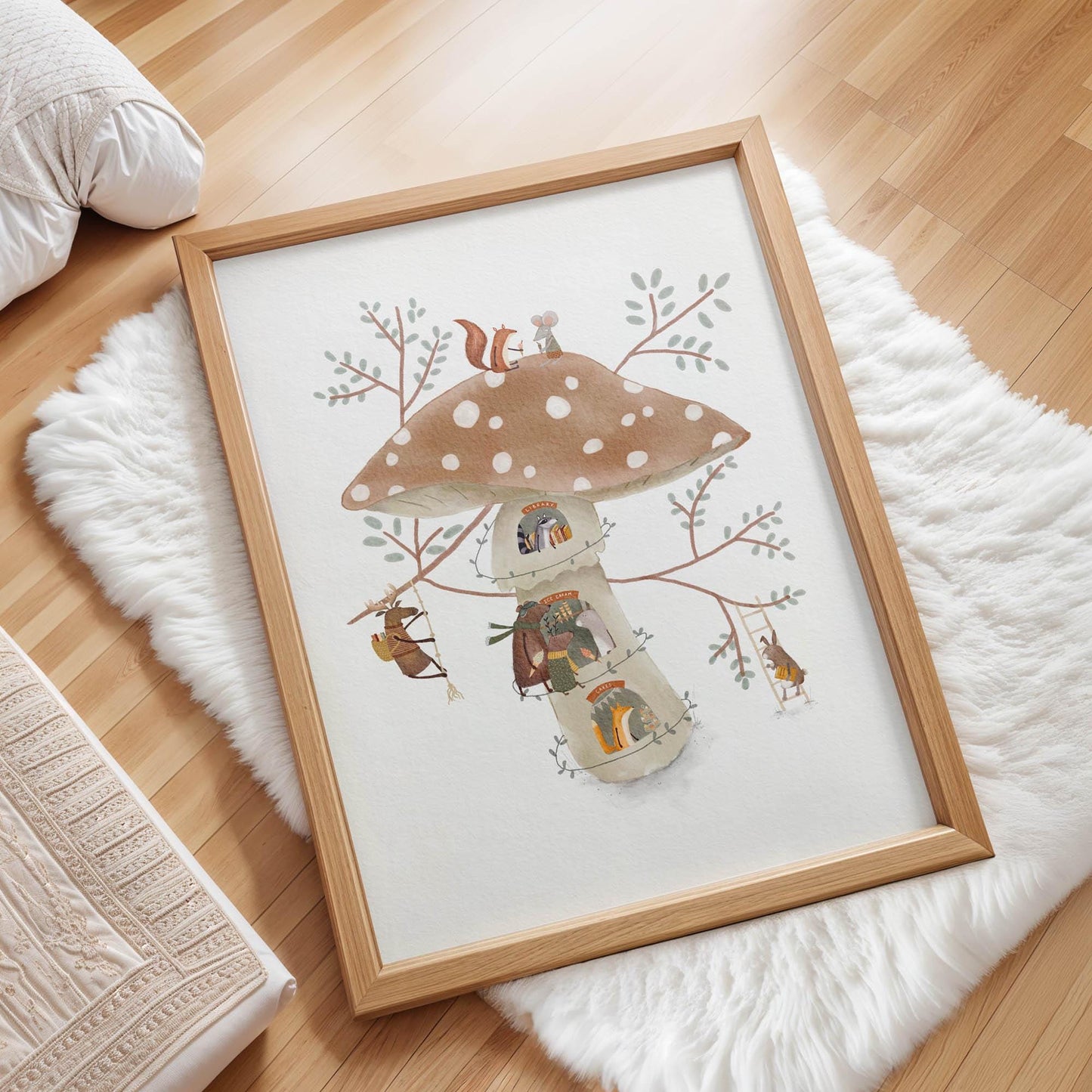 Woodland Mushroom Art – Magical Toadstool Print With Cozy Shops For Kids Nursery