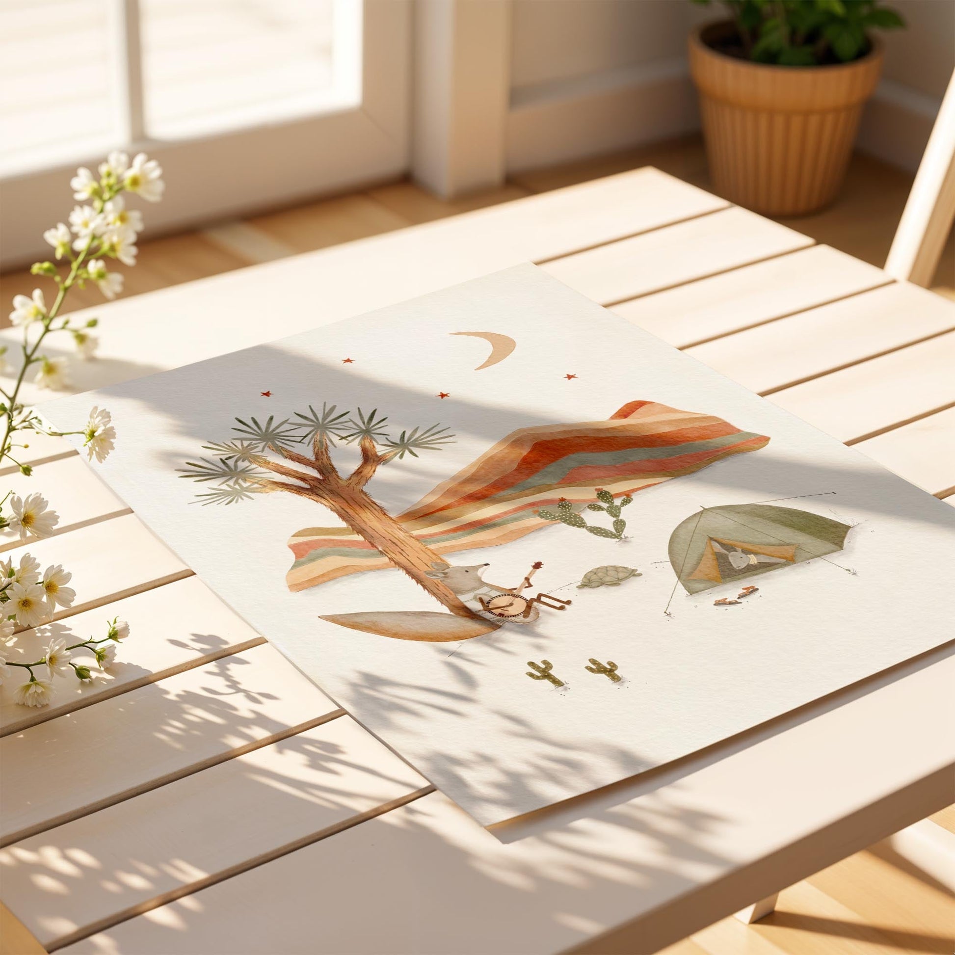 Desert Fox Camping Art Print – Whimsical Adventure Decor - Prints - Urchin Bay