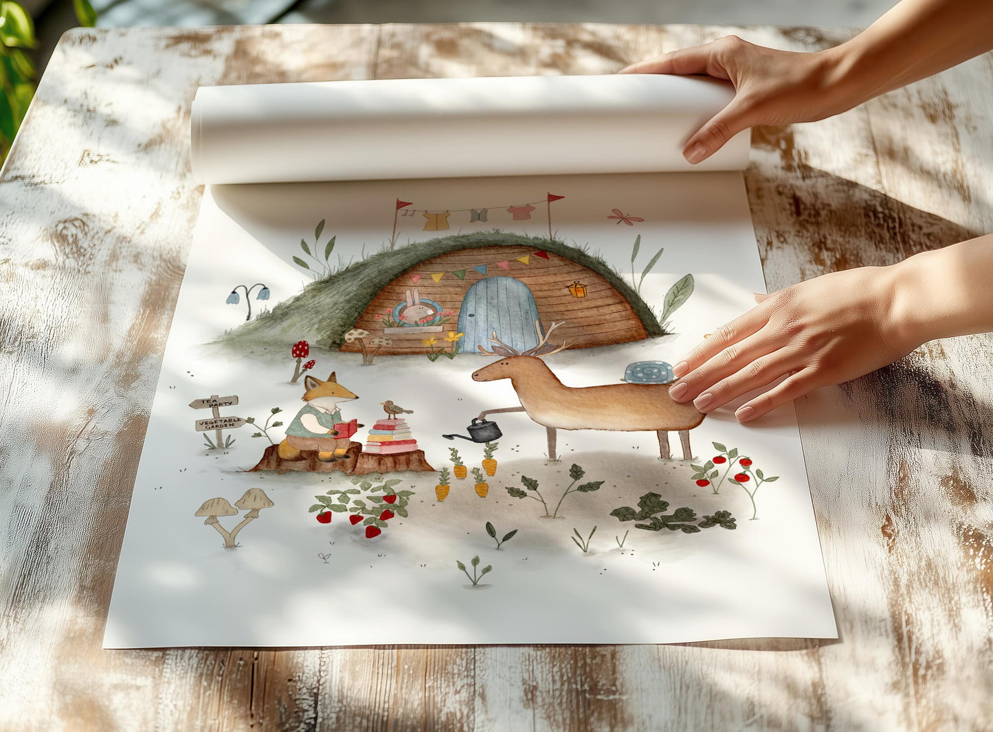 Nature scene artwork for kids — gentle mole house surrounded by fox, deer, small bird, and botanical elements in peaceful watercolor palette