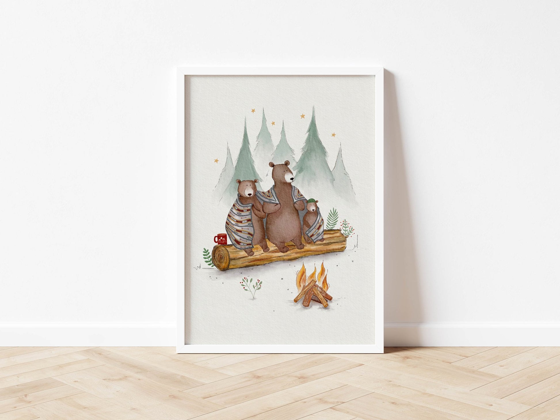 Framed Cozy Campfire Bear Family Print – Framed Woodland Animal Art - Prints - Urchin Bay