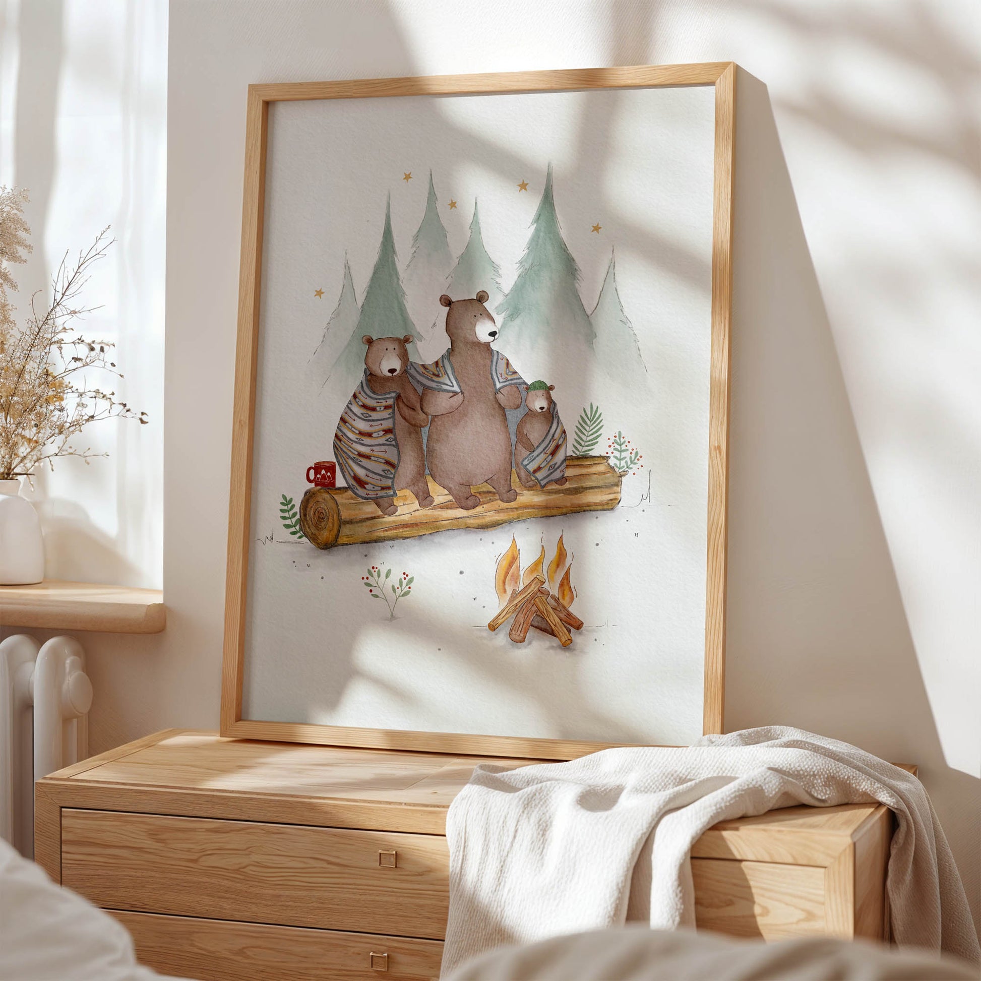 Framed Cozy Campfire Bear Family Print – Framed Woodland Animal Art - Prints - Urchin Bay