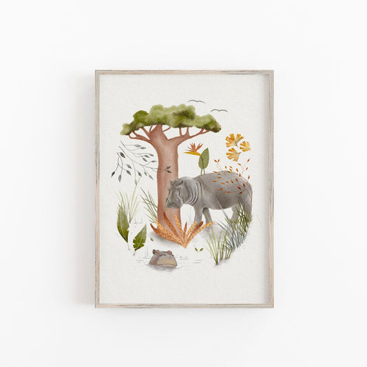Hippo Art Print for Kids Room - Safari Animal Decor - Prints - Urchin Bay