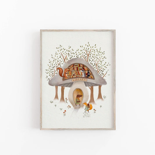 Mushroom Library Art Print - Whimsical Reading Theme - Poster - Urchin Bay