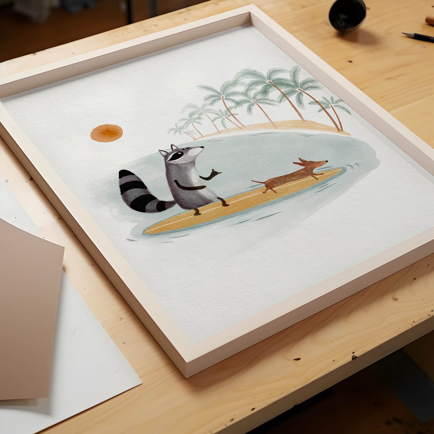 Racoon & Sausage Dog Surf Print - Prints - Urchin Bay