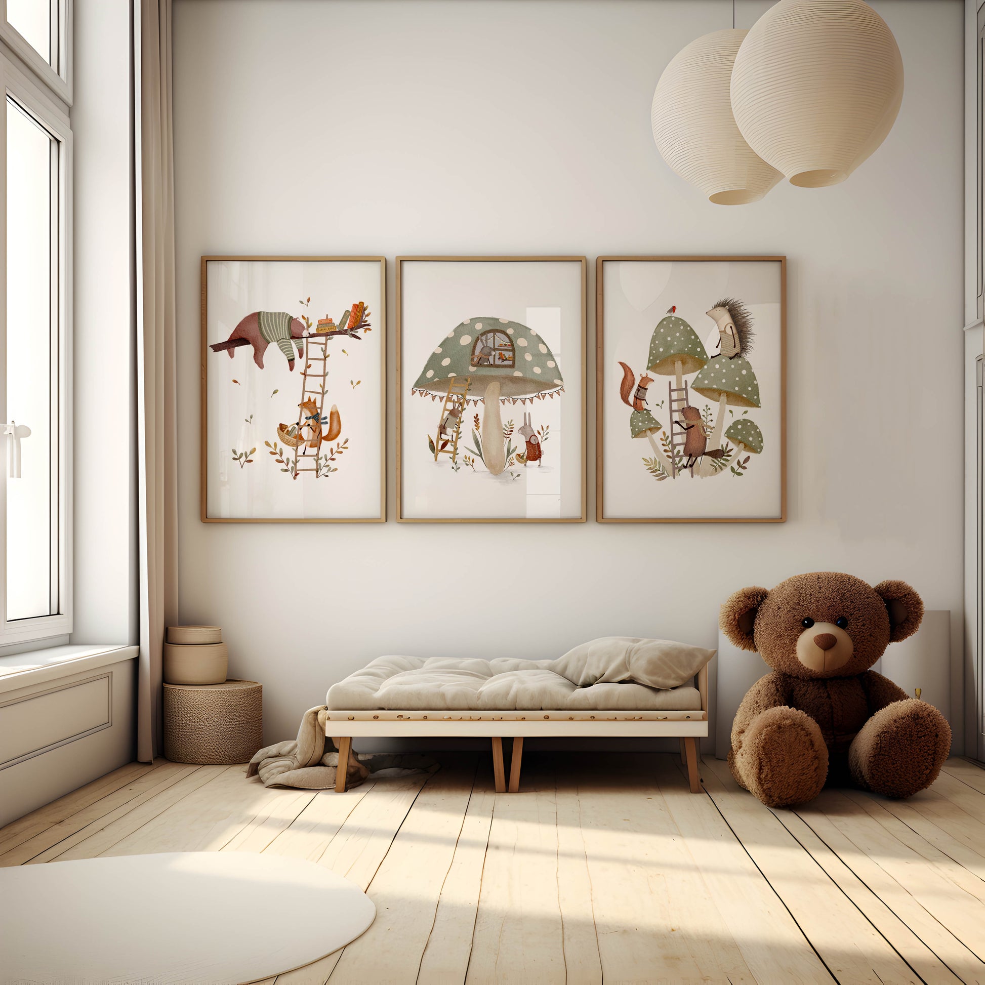 Set of three framed art prints depicting woodland animals in playful scenes with trees and mushrooms, displayed in a bright, modern nursery