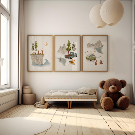 Set of 3 Adventure Prints – Camping, Surfing & Fishing Room Decor - Prints - Urchin Bay