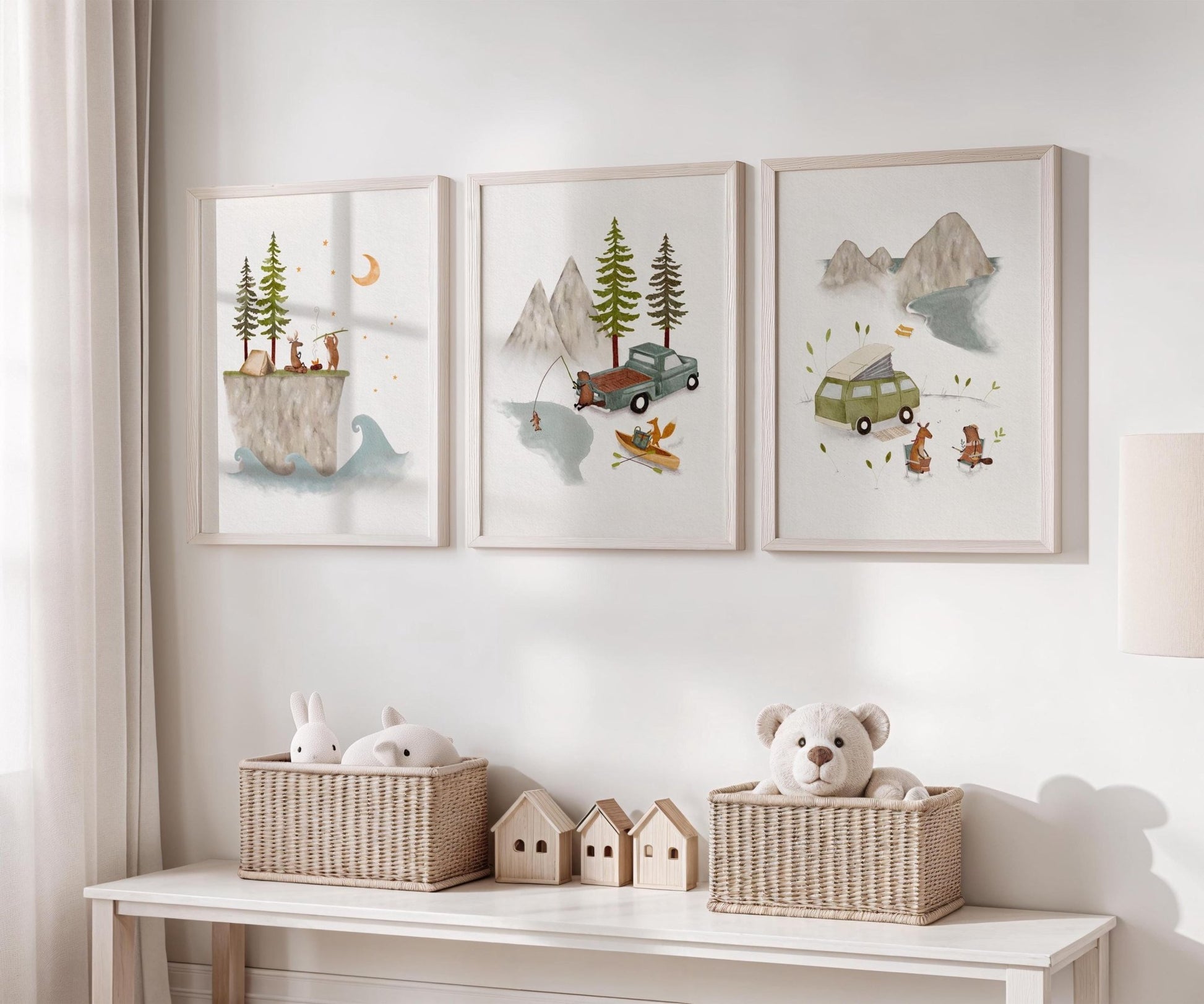 Set of 3 Adventure Prints – Camping, Surfing & Fishing Room Decor - Prints - Urchin Bay