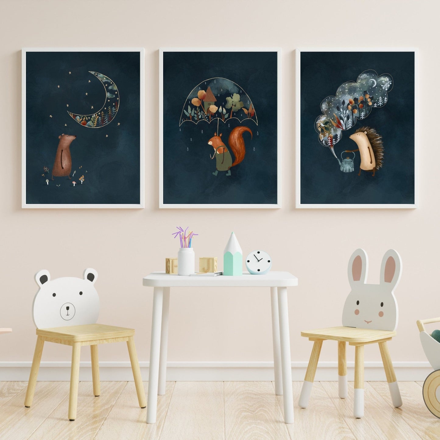 Set of 3 Night Sky Forest Animal Nursery Prints - Prints - Urchin Bay