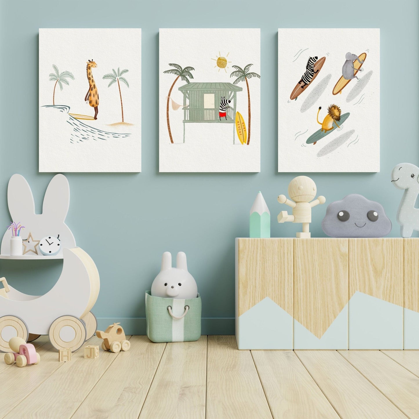 Set of 3 Surfing Canvas Wall Art - Beach and Childrens Room Decor - Urchin Bay