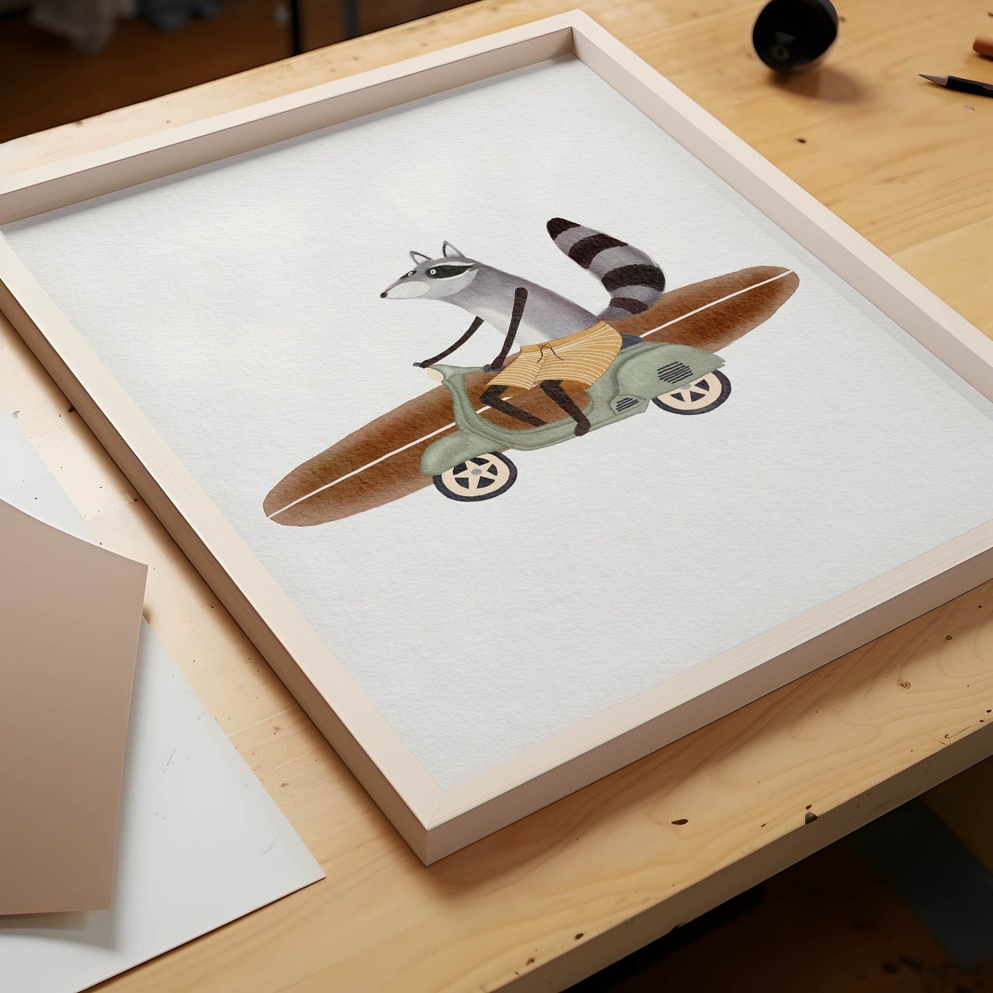 Surfing Racoon Motorbike Illustration - Whimsical Wall Art - Prints - Urchin Bay