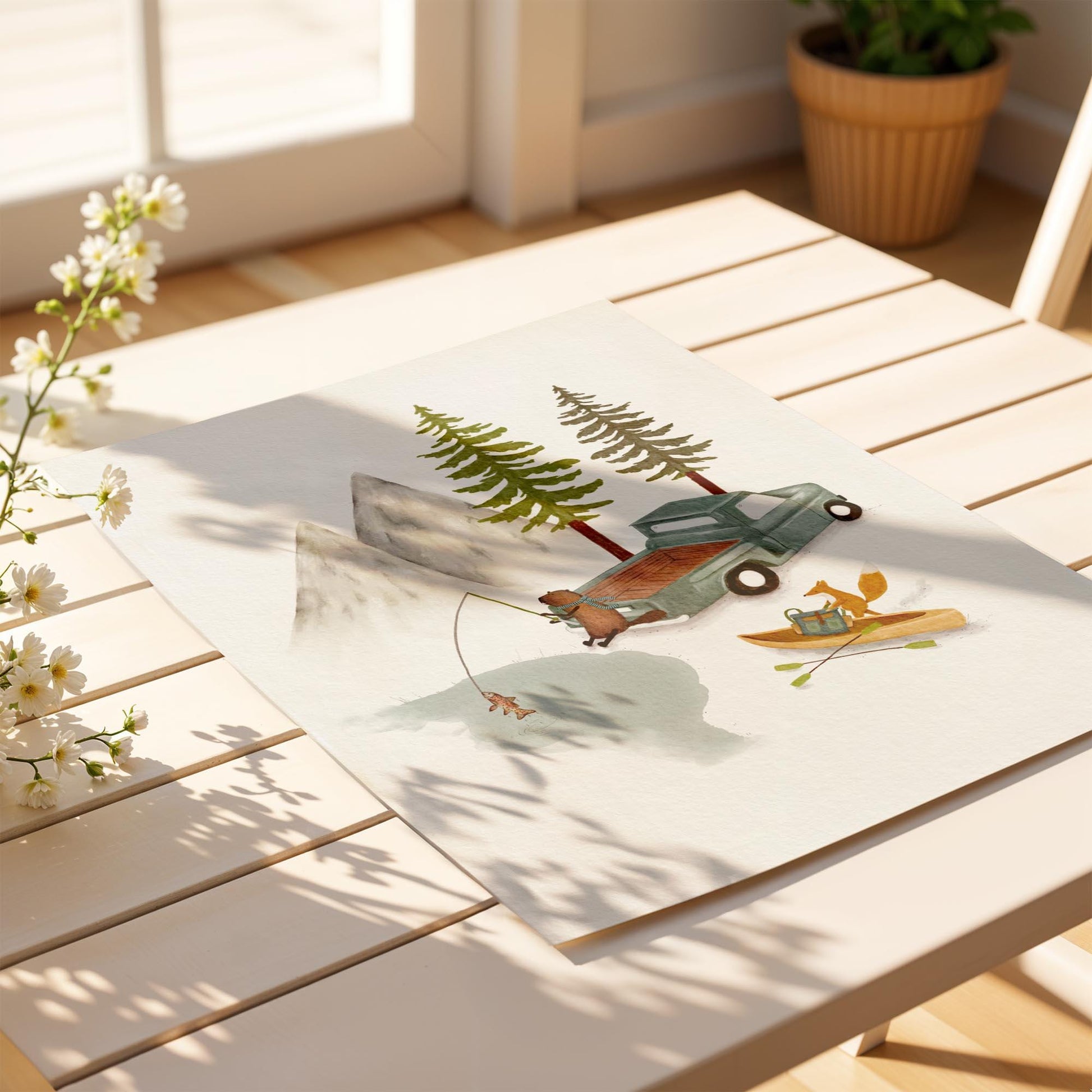 Woodland Adventure Print – Bear Fishing & Fox Canoeing - Prints - Urchin Bay