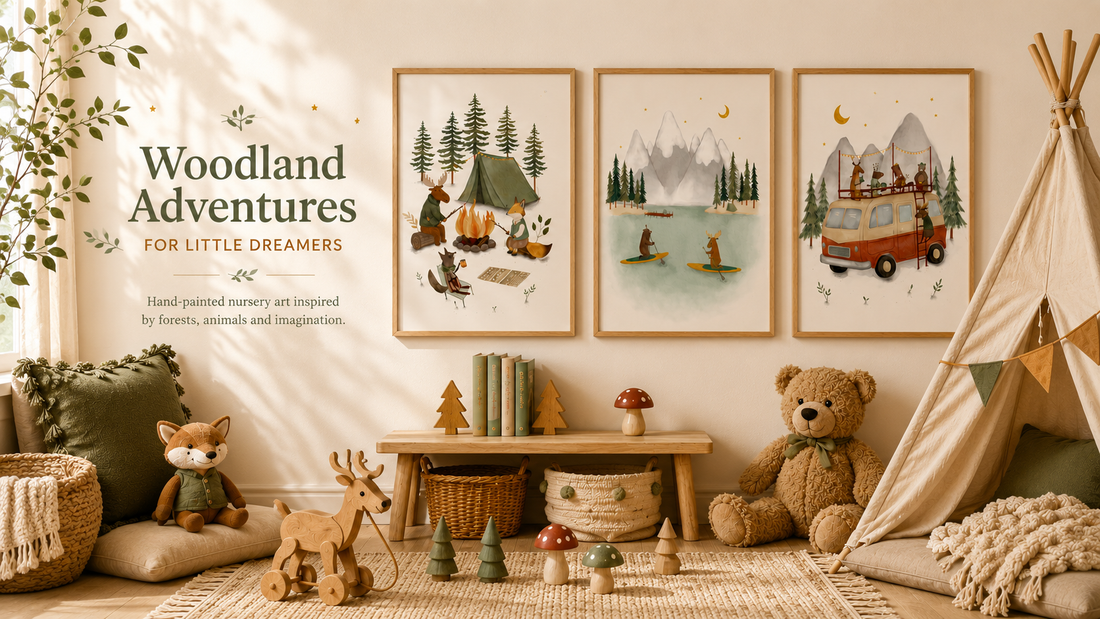 Woodland Adventures nursery wall art collection featuring hand-painted woodland animal prints in natural wood frames, displayed in a cozy neutral children's bedroom with forest-inspired decor.