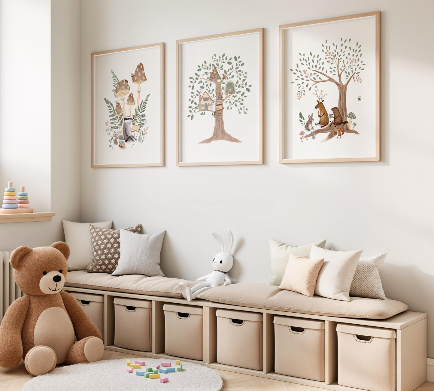 Fox and forest animals picture set for kids' rooms — charming watercolor designs featuring gentle colors and woodland themes ideal for nursery decor.