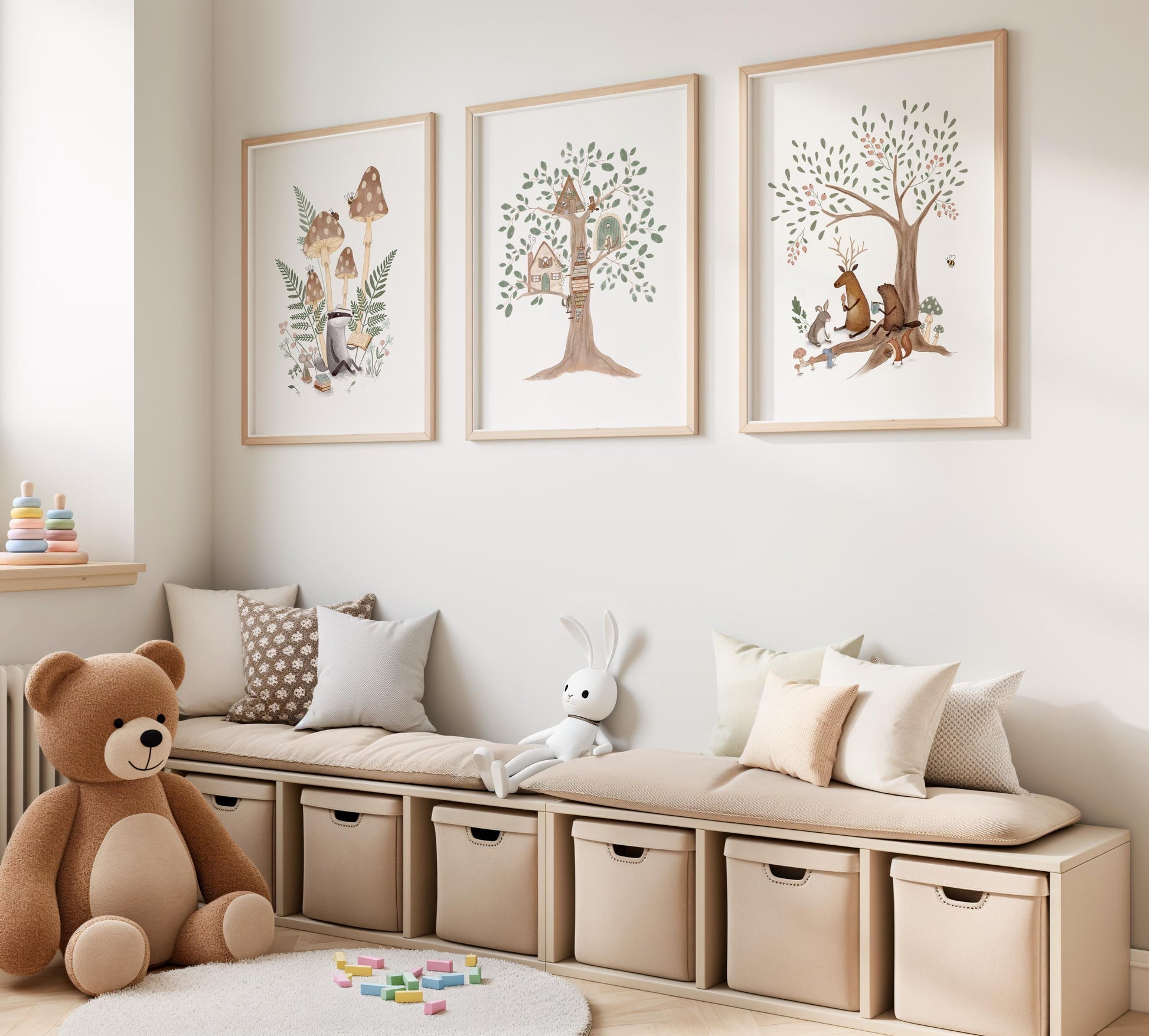 Fox and forest animals picture set for kids' rooms — charming watercolor designs featuring gentle colors and woodland themes ideal for nursery decor.