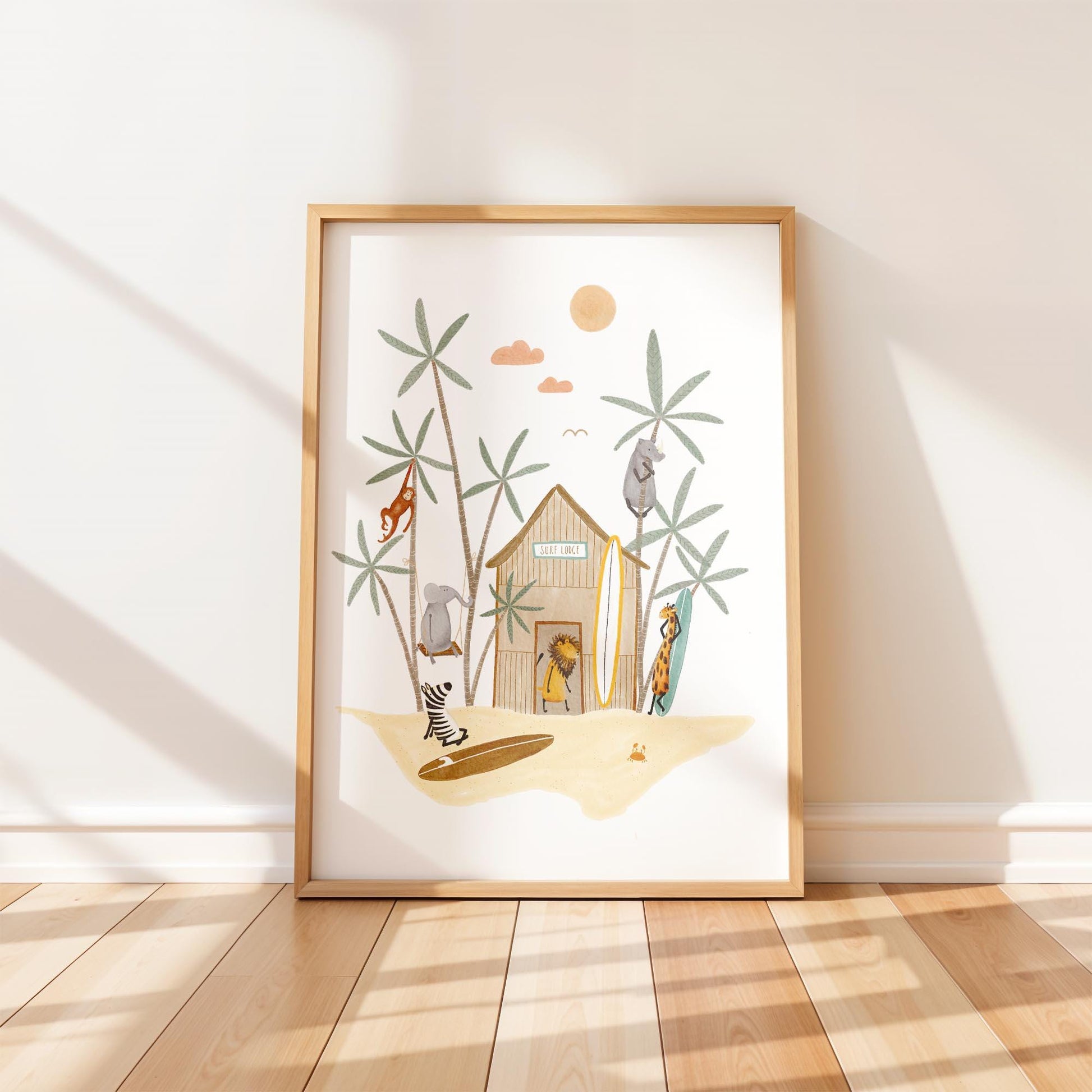 Hand-painted whimsical art print of animals at a surf shack with palm trees, surfboards, and safari friends under the sun