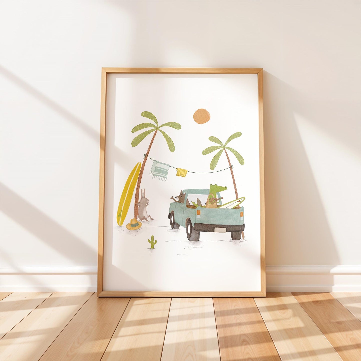 Hand-painted children's print of animals in a surf truck under palm trees with beach accessories and a sunny backdrop